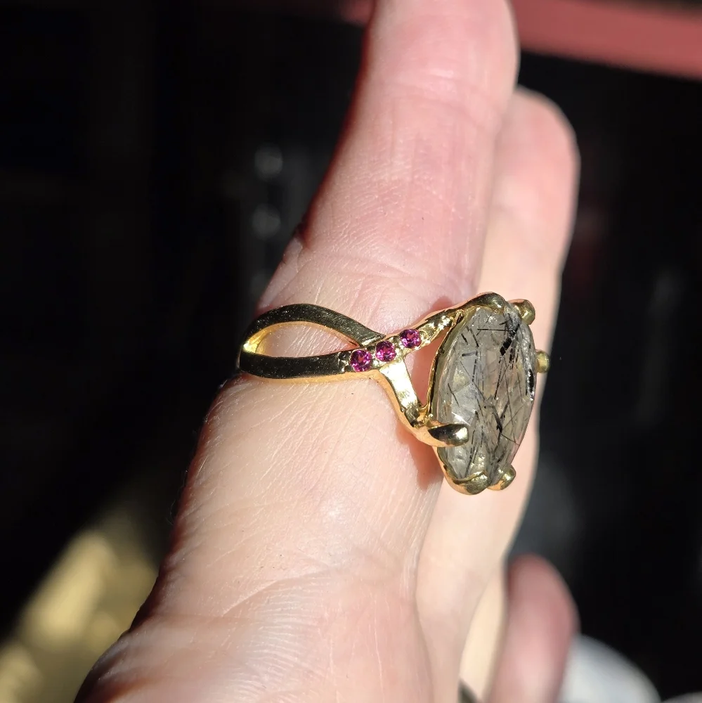 Rutil quarts 5k & Rhodolite sterling & gold infinity ring sz7.5 - Picture 8 of 9